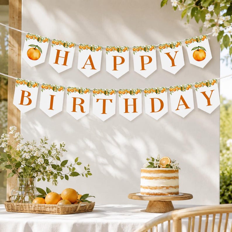 May include: A two-row banner featuring white pennant flags with orange fruit and green leaf illustrations at the top. The letters spell out HAPPY BIRTHDAY in a bold orange serif font. The banner is strung on a thin white cord.