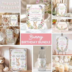 Some Bunny Is One Invitation Bundle, Wildflower Birthday Party Decoration, Girl 1st Birthday Invite Package, Printable Templates. B023