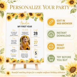 May include: A white birthday milestone sign decorated with yellow sunflowers featuring the text Amelia My First Year, listing favorite foods, weight in pounds, height in inches, and number of teeth, with a central photo of a child.