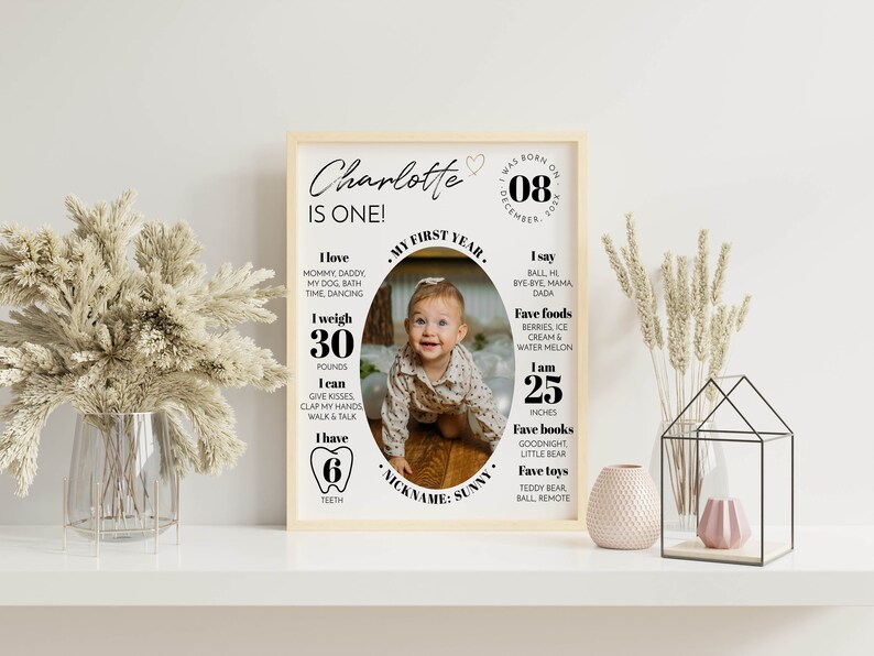 May include: A rectangular wooden frame containing a white milestone poster for a one-year-old named Charlotte. The poster features a central oval photo of a child, text detailing birth date, weight of 30 pounds, height of 25 inches, and six teeth.