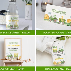 May include: Printable tractor party decorations for a first birthday. Includes water bottle labels, food tent cards, a custom sign, and thank you tags. The design features a green tractor with a yellow wagon, hay bales, and a watercolor background.