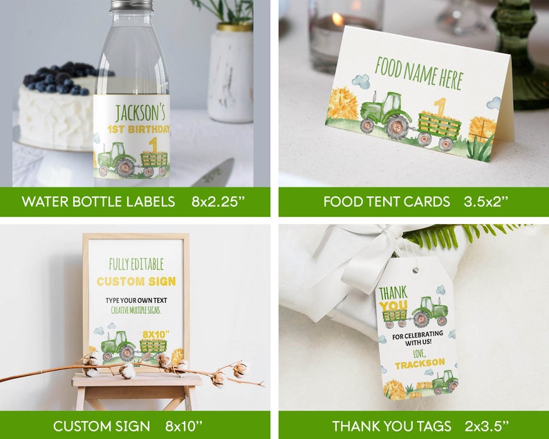 May include: Printable tractor party decorations for a first birthday. Includes water bottle labels, food tent cards, a custom sign, and thank you tags. The design features a green tractor with a yellow wagon, hay bales, and a watercolor background.