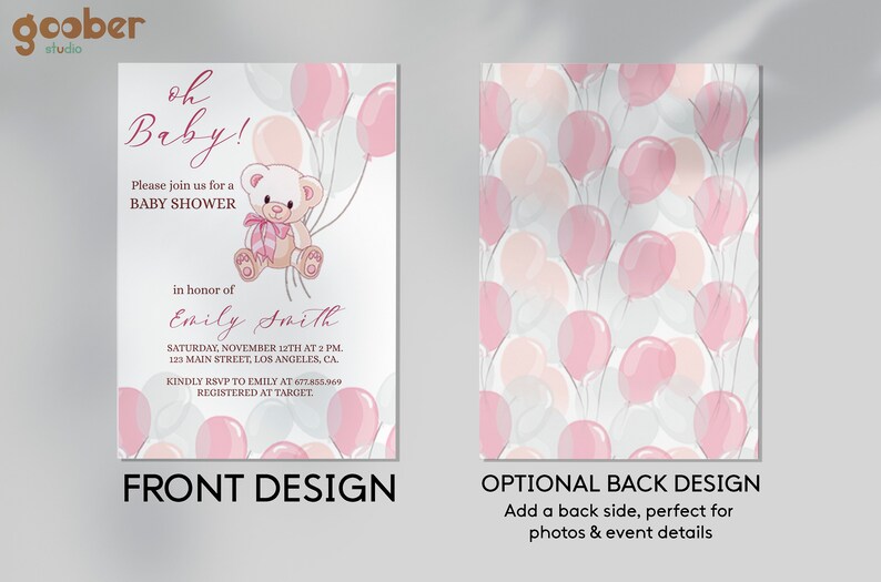 EDITABLE Teddy Bear Baby Shower Invitations Girl Bear Themed Etsy