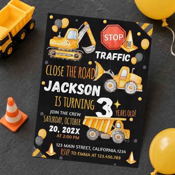 EDITABLE Construction Birthday Invitation, Construction Invite, Dump Truck Invitation, Boy Birthday Party Invite, Printable Template. #C003