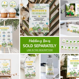 K&ouml;nnte beinhalten: Ein Set aus Party-Papeterie zum Thema Bauernhof mit Einladungen, Cupcake-Toppern, Dankeskarten, Lebensmitteletiketten, einem Meilenstein-Poster, einem Willkommensschild, einer Girlande und Etiketten f&uuml;r Wasserflaschen mit Traktormotiv.