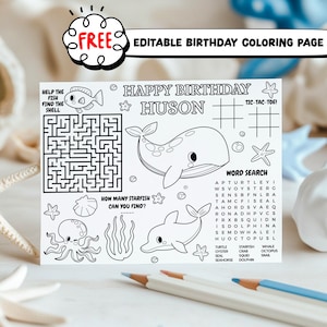 May include: A black and white printable coloring page with a sea-themed design. The page features a whale, a dolphin, an octopus, a starfish, and a maze. The text "Happy Birthday Huson" is at the top of the page.