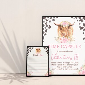 May include: A printable time capsule sign with a watercolor illustration of a Highland cow wearing a pink floral crown. The sign says "Time Capsule" and "To be opened when Olivia turns 18".