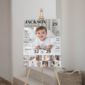May include: A white and gray poster with a photo of a baby boy. The poster is decorated with black text that says "Jackson, my first year." The poster also includes information about the baby's age, weight, and favorite things.