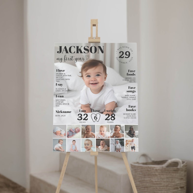 May include: A white and gray poster with a photo of a baby boy. The poster is decorated with black text that says "Jackson, my first year." The poster also includes information about the baby's age, weight, and favorite things.