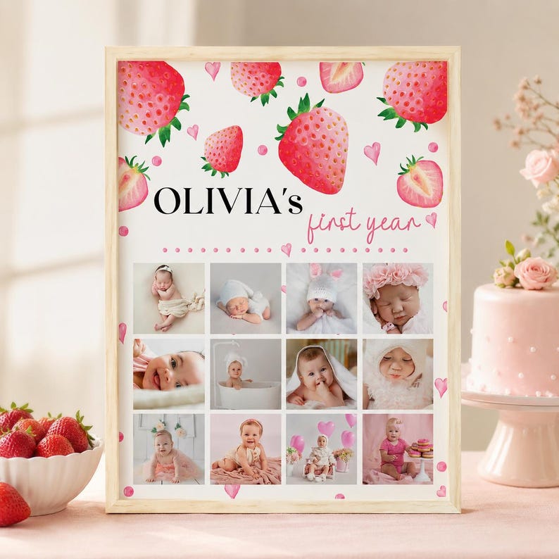 K&ouml;nnte beinhalten: Ein gerahmter, personalisierter Druck mit dem Titel OLIVIA'S first year, verziert mit Aquarell-Erdbeerillustrationen und kleinen rosa Herzen. Der Druck enth&auml;lt ein Raster aus zw&ouml;lf einzelnen Fotos, die ein Baby in verschiedenen Entwicklungsphasen zeigen.