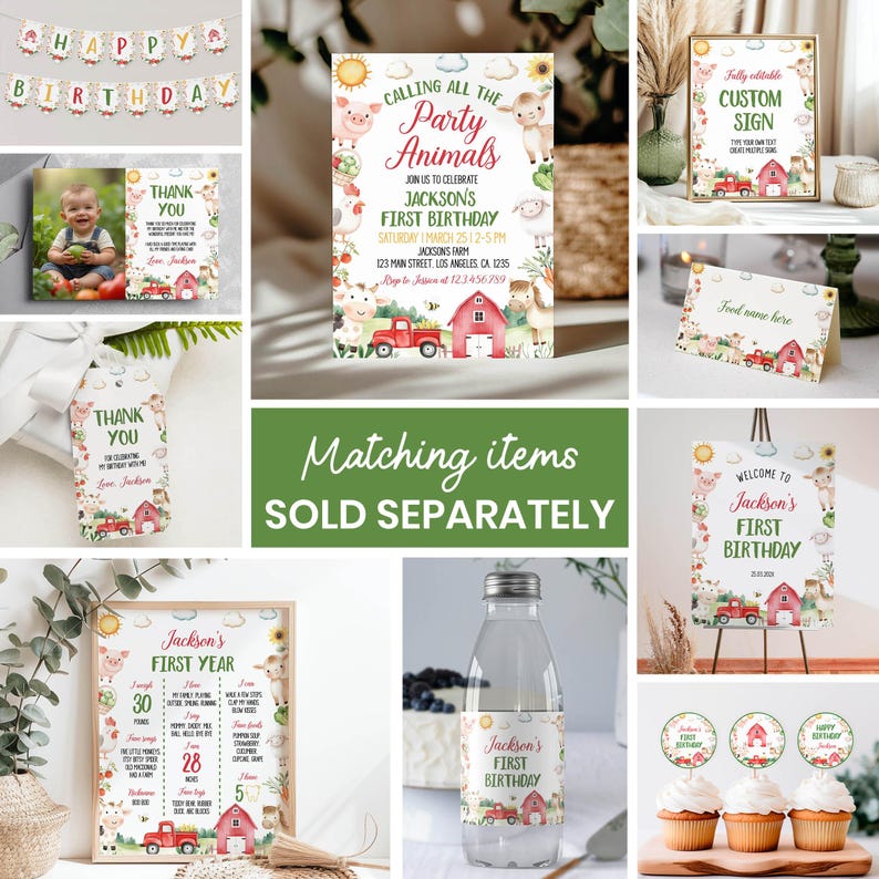 May include: A collection of farm-themed birthday party stationery including a banner, invitations, thank you cards, signs, place cards, a milestone poster, water bottle labels, and cupcake toppers featuring watercolour illustrations of farm animals.