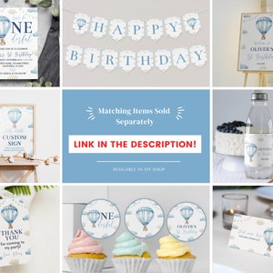 Pu&ograve; includere: Un set di articoli per feste con un motivo a mongolfiera blu e nuvole, che include un invito, uno striscione, un cartello di benvenuto, un'etichetta per bottiglia, un cartellino di ringraziamento, decorazioni per cupcake e un segnaposto.