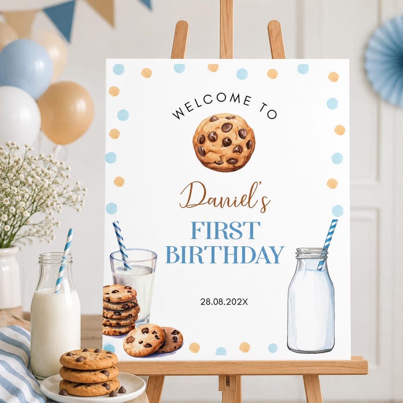 EDITABLE Milk and Cookies First Birthday Welcome Sign, Boy 1st Birthday Decor, One Sweet Cookie First Birthday Party Sign, Printable. C010 image 1