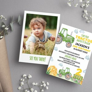 May include: A green and yellow tractor birthday invitation with a watercolor design. The invitation says "Start your tractor and put it in gear. Jackson's 2nd birthday is almost here!" with details for the party. A photo of a young boy is included in the invitation.