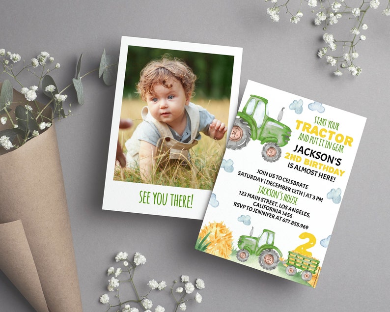 May include: A green and yellow tractor birthday invitation with a watercolor design. The invitation says "Start your tractor and put it in gear. Jackson's 2nd birthday is almost here!" with details for the party. A photo of a young boy is included in the invitation.