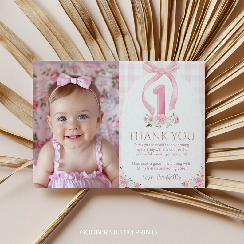 EDITABLE Pink Bow 1st Birthday Thank You Card, Blush Pink First ...