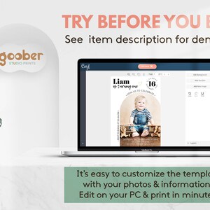 May include: A laptop screen displaying a customizable digital birthday invitation template featuring a photo of a child, the text Liam is turning one, and event details. The interface includes editing tools for text, images, and background adjustments.