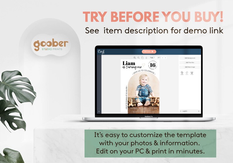May include: A laptop screen displaying a customizable digital birthday invitation template featuring a photo of a child, the text Liam is turning one, and event details. The interface includes editing tools for text, images, and background adjustments.