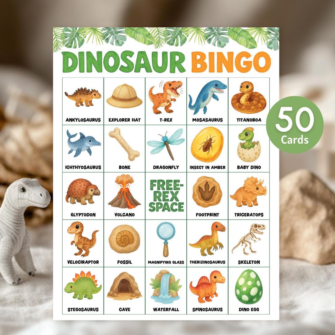 Gioco del Bingo dei Dinosauri / Schede del Bingo per il Compleanno dei Dinosauri / Divertente Gioco di Festa sui Dinosauri per Bambini, Attività Stampabile per il Compleanno del T-Rex, Download Istantaneo