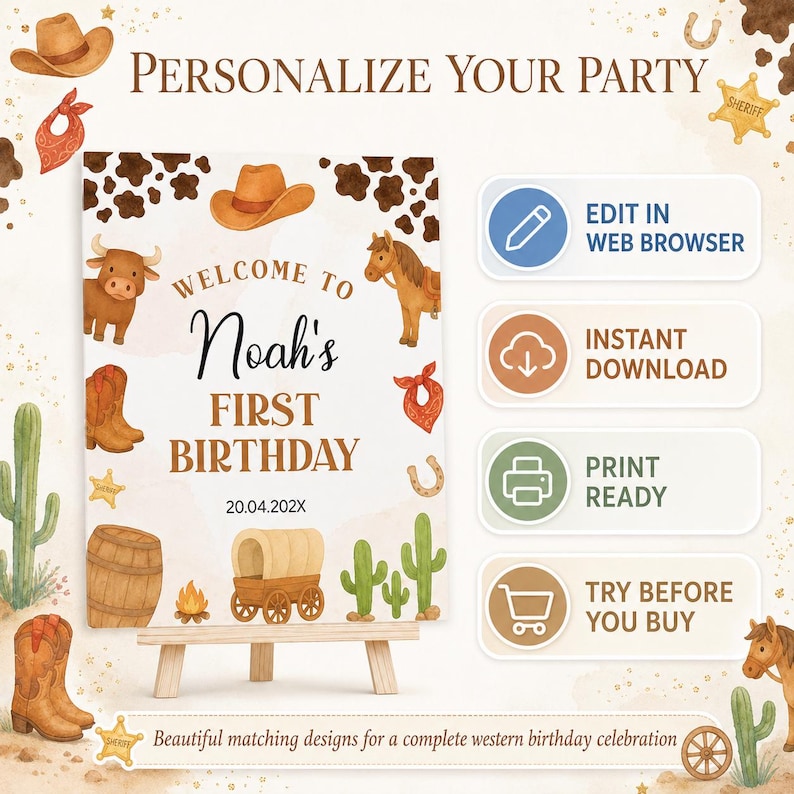Puede incluir: Un cartel de cumplea&ntilde;os rectangular con ilustraciones en acuarela de tem&aacute;tica western, incluyendo una vaca, un caballo, un sombrero de vaquero, botas, un barril, una carreta y cactus. El texto dice: Welcome to Noah's First Birthday 20.04.202X.