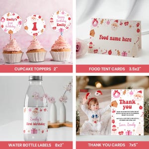 May include: A set of party supplies featuring a pink and red Christmas theme, including three 5.08 cm cupcake toppers, a 8.89x5.08 cm food tent card, a 20.32x5.08 cm water bottle label, and a 17.78x12.7 cm thank you card with a photo of a child.