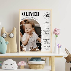May include: A white poster with black text and a photo of a baby boy. The poster says "Oliver, My First Birthday" and includes details about the baby's age, weight, and favorite things. The poster is decorated with a circle around the date of birth.
