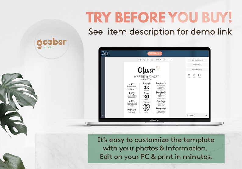 May include: A laptop displaying a customizable first birthday milestone template with the name Oliver, featuring sections for weight, height, teeth, and favorite things. The screen shows editing tools and the text TRY BEFORE YOU BUY! See item description for demo link.