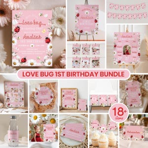 Puede incluir: Una colección de decoraciones para fiestas rosas y blancas con temática de mariquita. Incluye invitaciones, letreros, pancartas y adornos para cupcakes. El texto dice "Love Bug 1st Birthday Bundle" y "Amelia's 1st Birthday".