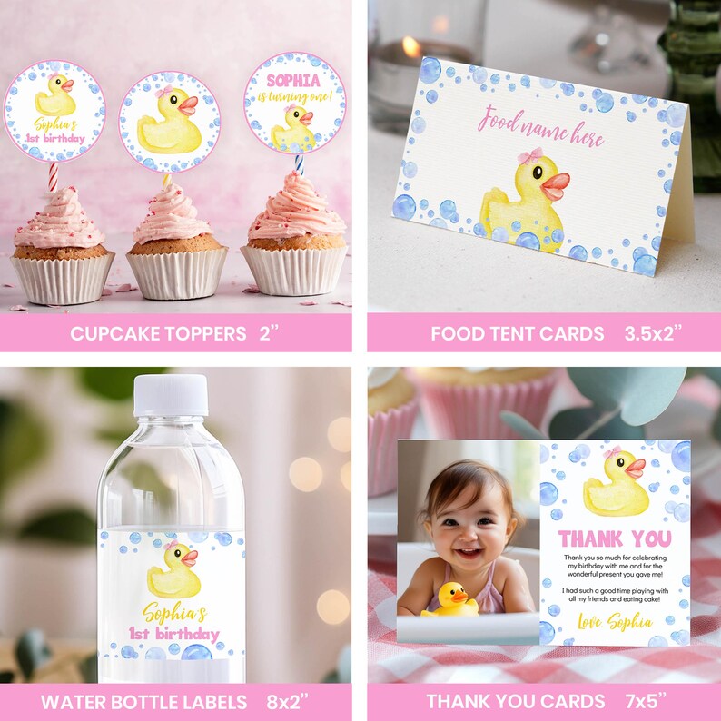 Editable Rubber Duckie Birthday Invitation Bundle, Girl 1st Birthday Party Kit, Yellow Duck Birthday Decor Package. D008 image 6