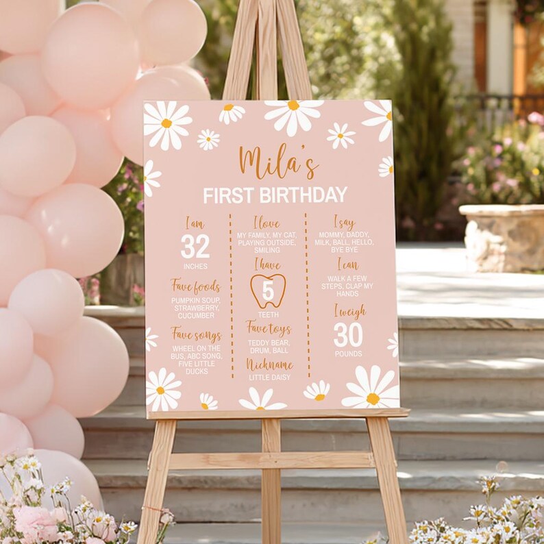 EDITABLE Daisy First Birthday Milestone Sign, Miss Daisy One Year Of Baby Poster, Retro Daisy Birthday Party Board, Printable Template. D003 image 1