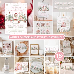 Winter Onederland Birthday Bundle, Woodland Animals 1st Birthday Party Package, Girl Birthday Invitation & Decor, Printable Templates