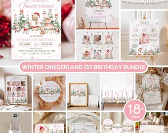 Winterwunderland-Party-Set zum 1. Geburtstag | Rosa Winterwunderland-Partydeko | Bearbeitbare Vorlagen mit Waldtieren | Sofort-Download | W022