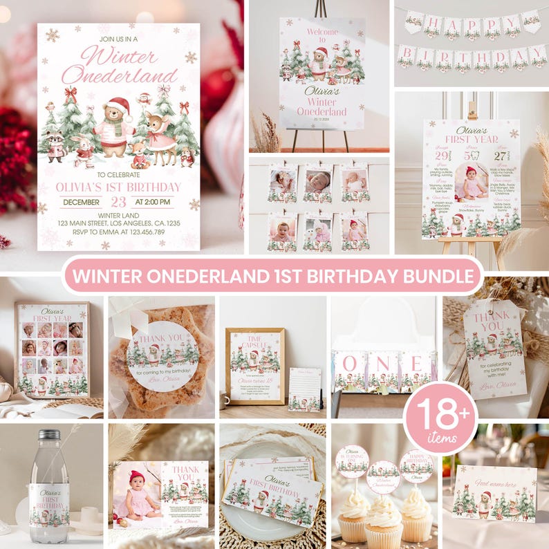Winter Onederland Birthday Bundle, Woodland Animals 1st Birthday Party Package, Girl Birthday Invitation & Decor, Printable Templates