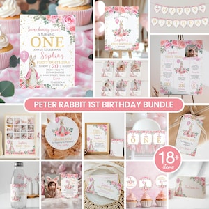 Editable Bunny Girl First Birthday Decor Set, Pink Floral 1st Birthday Bundle, Some Bunny Is One Party Kit, Printable Template. P007
