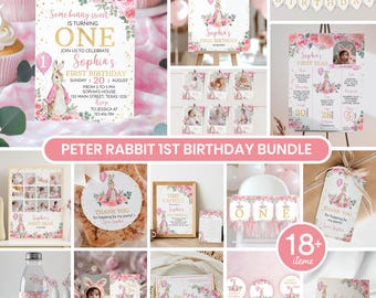Editable Rabbit 1st Birthday Girl Set, Pink Floral First Birthday Bundle, Some Bunny Is One Party Kit, Printable Templates. P007