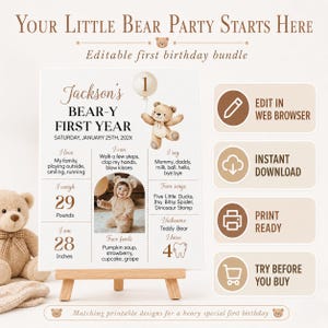 Bearbeitbare Einladungskarten zum 1. Geburtstag mit Bärenmotiv, modernes Bären-Party-Set zum 1. Geburtstag, Teddybär-Geburtstagsdeko-Paket zum sofortigen Download. B022 Bild 2