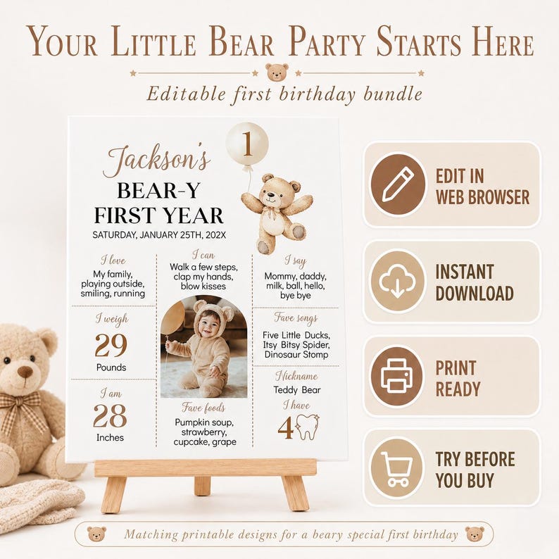 Bearbeitbare Einladungskarten zum 1. Geburtstag mit Bärenmotiv, modernes Bären-Party-Set zum 1. Geburtstag, Teddybär-Geburtstagsdeko-Paket zum sofortigen Download. B022 Bild 2