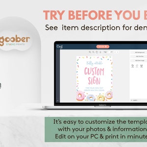 K&ouml;nnte beinhalten: Ein Laptop zeigt eine digitale Designvorlage mit dem Text "Fully editable CUSTOM SIGN" und bunten Donut-Illustrationen. Der Bildschirm zeigt Bearbeitungswerkzeuge und das Logo "goober STUDIO PRINTS". Oben steht "TRY BEFORE YOU BUY!"