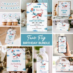 May include: A birthday party bundle with a blue and pink aeroplane theme. The bundle includes a welcome sign, invitation, thank you tags, cupcake toppers, a water bottle label, a favour box, and a custom sign. The text on the invitation reads "Liam is Two Fly. Join us to celebrate Liam's 2nd Birthday. Jan | 25 | 2PM. Liam's House. 125 Main Street, California, 1235. RSVP to Anna at 123.456.789."
