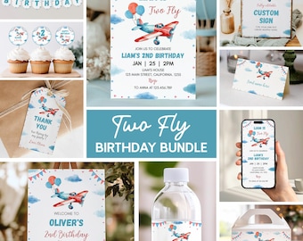Editable Two Fly Birthday Invitation Bundle, Airplane Birthday Party Kit, Airplane Party Boy 2nd Birthday Package, Instant Download. A007