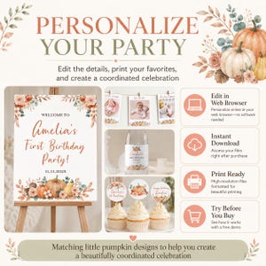 Editable Pumpkin First Birthday Invitation Bundle, Boho Fall Birthday Party Decor Kit, Floral Pumpkin Birthday Package Instant Download P004 image 2