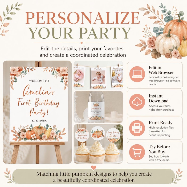 Editable Pumpkin First Birthday Invitation Bundle, Boho Fall Birthday Party Decor Kit, Floral Pumpkin Birthday Package Instant Download P004 image 2