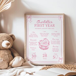 May include: A pink and white printable chart for a baby's first year. The chart includes the baby's name, Charlotte, and details about her first year, including her favorite foods, songs, and toys. The chart also includes her weight, height, and number of teeth.