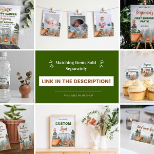 May include: A collection of woodland-themed party stationery featuring illustrations of a tent, campfire, pine trees, and a bear. Items include birthday invitations, photo banners, welcome signs, water bottle labels, cupcake toppers, and gift tags.