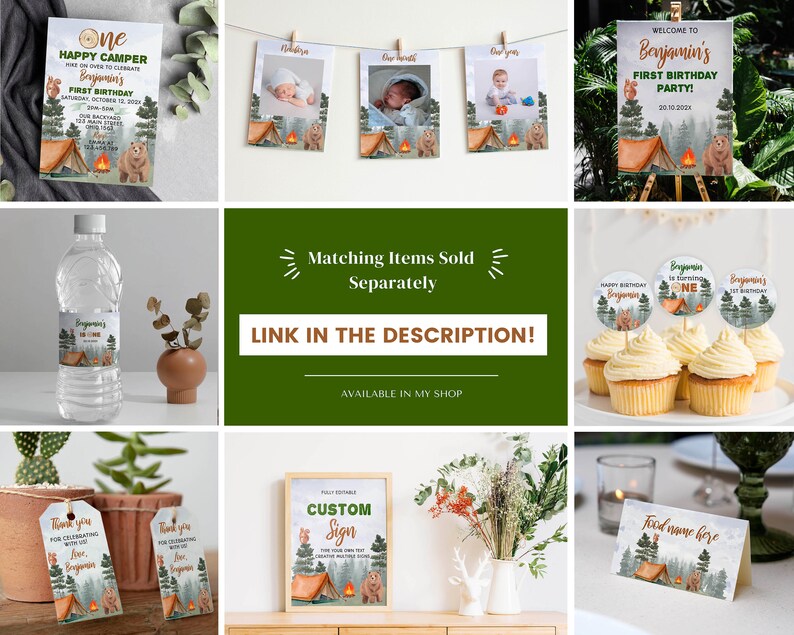 May include: A collection of woodland-themed party stationery featuring illustrations of a tent, campfire, pine trees, and a bear. Items include birthday invitations, photo banners, welcome signs, water bottle labels, cupcake toppers, and gift tags.