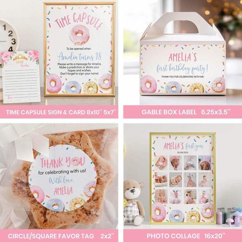 May include: A collection of party stationery including a Time Capsule sign and card, a gable box label, a circular favor tag, and a photo collage. Each item features donut illustrations, colorful sprinkles, and text personalized for Amelia.