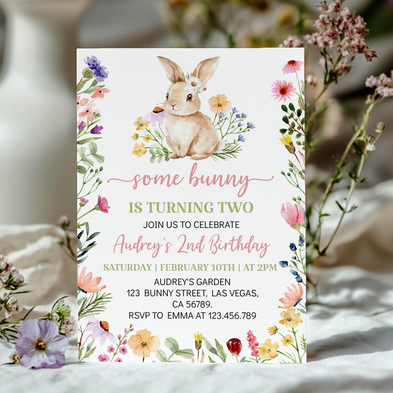 Editable Some Bunny Is Two Birthday Invitation, Wildflower 2nd Birthday Invitation, Floral Girl 2nd Birthday Party, Instant Download