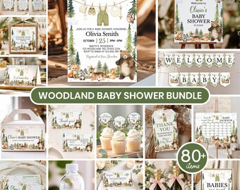 Paquete de decoración para baby shower con temática de bosque / Kit para baby shower "La aventura te espera" / Plantilla imprimible para juegos de decoración de baby shower con temática de bosque. W013