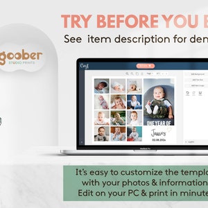 May include: A laptop displaying a digital photo collage template with the text TRY BEFORE YOU BUY! See item description for demo link and It's easy to customise the template with your photos & information. Edit on your PC & print in minutes.