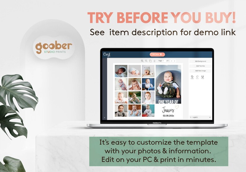 May include: A laptop displaying a digital photo collage template with the text TRY BEFORE YOU BUY! See item description for demo link and It's easy to customise the template with your photos & information. Edit on your PC & print in minutes.